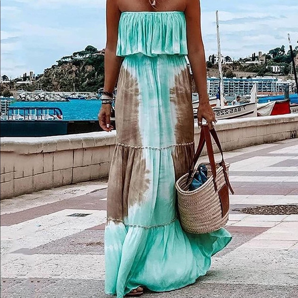 Women's Tie Dye Off Shoulder Maxi Bohemian Dress Beachwear - Picture 2 of 6